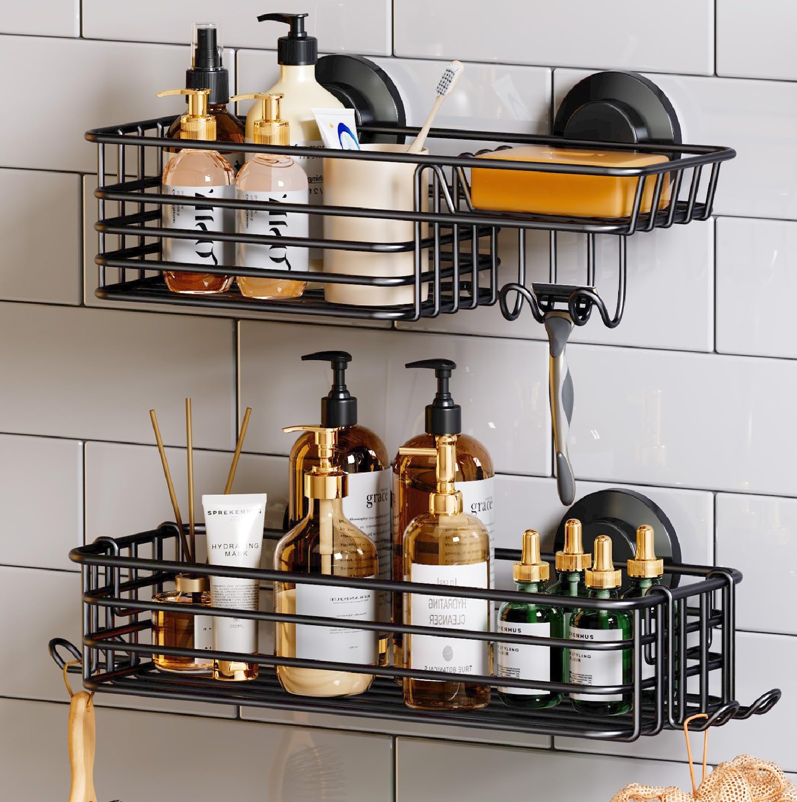 TAILI 2 Pack Rustproof Suction Shower Caddy, Stainless Steel Suction Cup Shower Caddy Bathroom Shelves No Drilling Heavy Duty Holder Removable Powerful Bathroom for Shampoo Toiletries Kitchen, Black