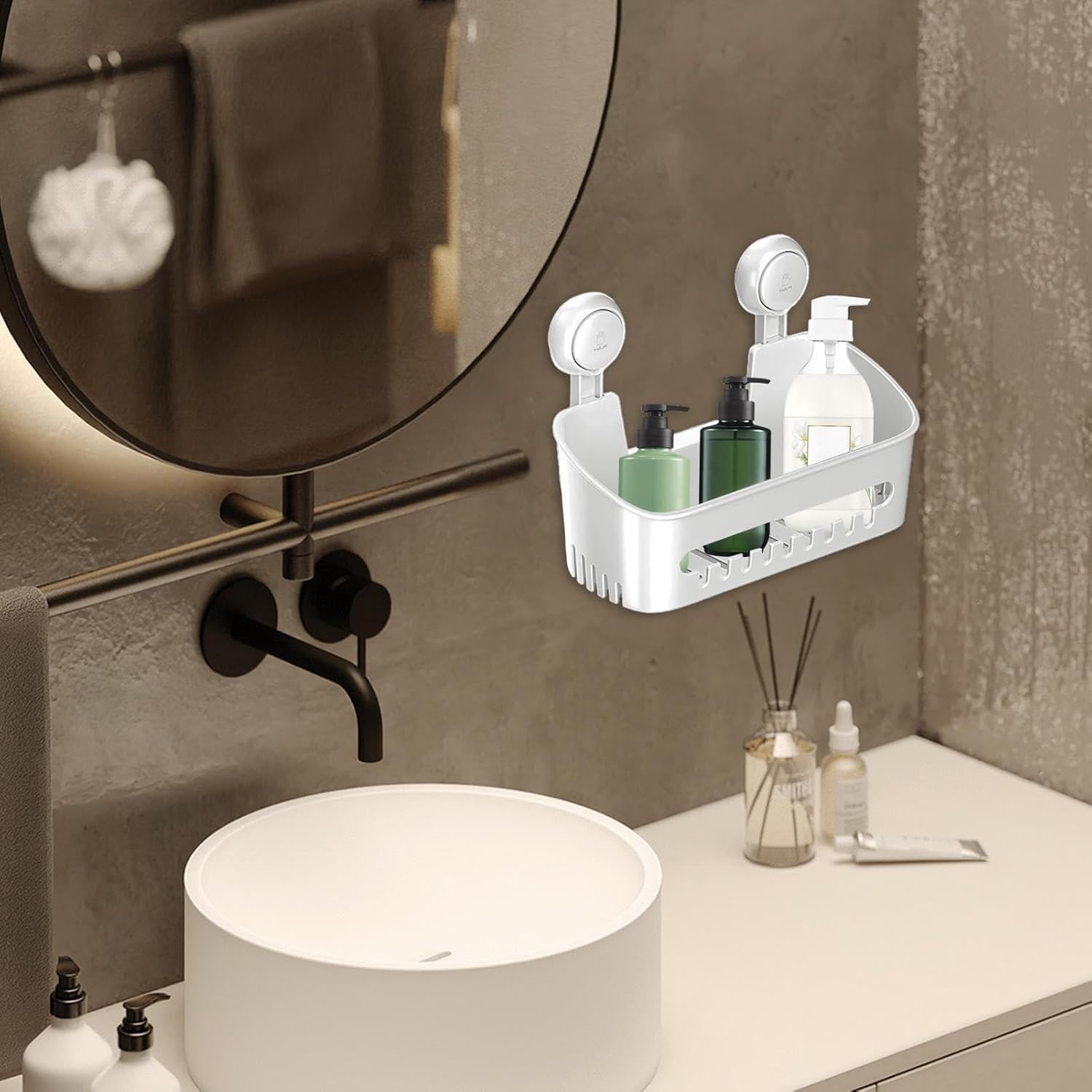 Wall Mounted Shower Storage Tray - Suction Cup nizer for Shampoo Bathroom Essentials Ideal for Home Student Dorm and Compact Spaces