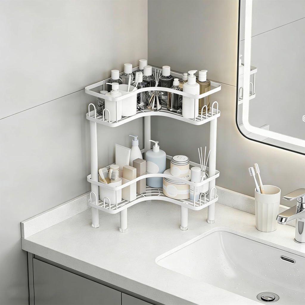 Free Standing 2 Tier Shower Caddy with 4 Hooks on Each Shelf Waterproof Corner Organizer Corner for Bathroom Kitchen Large Capacity Shower Rack (White)