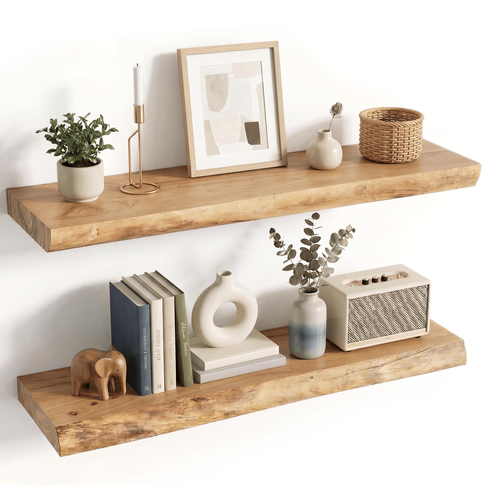 Live Edge Floating Shelves for Wall Decor, Solid Elm Wood Floating Shelves Wall Mounted, Rustic Wall Shelves with Invisible Bracket for Living Room Bathroom Bedroom Kitchen, 24 Inch Set of 2, Natural