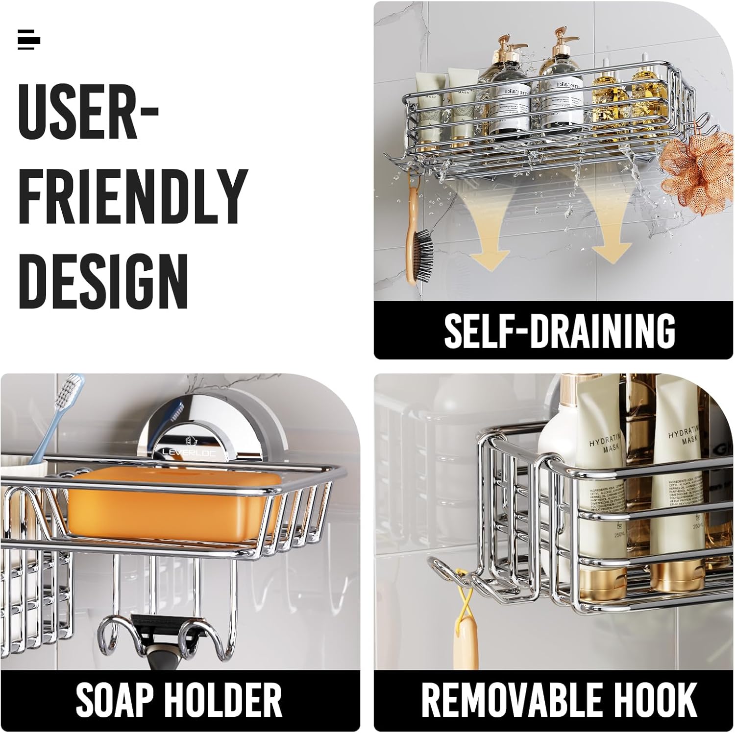 LEVERLOC Shower Caddy Suction Cup, 2 Pack Shower Shelves for Inside Shower with Hooks & Soap Holder, NO-Drilling Bathroom Shower Organizer, Rustproof Meatl Shower Holder Storage, Silver