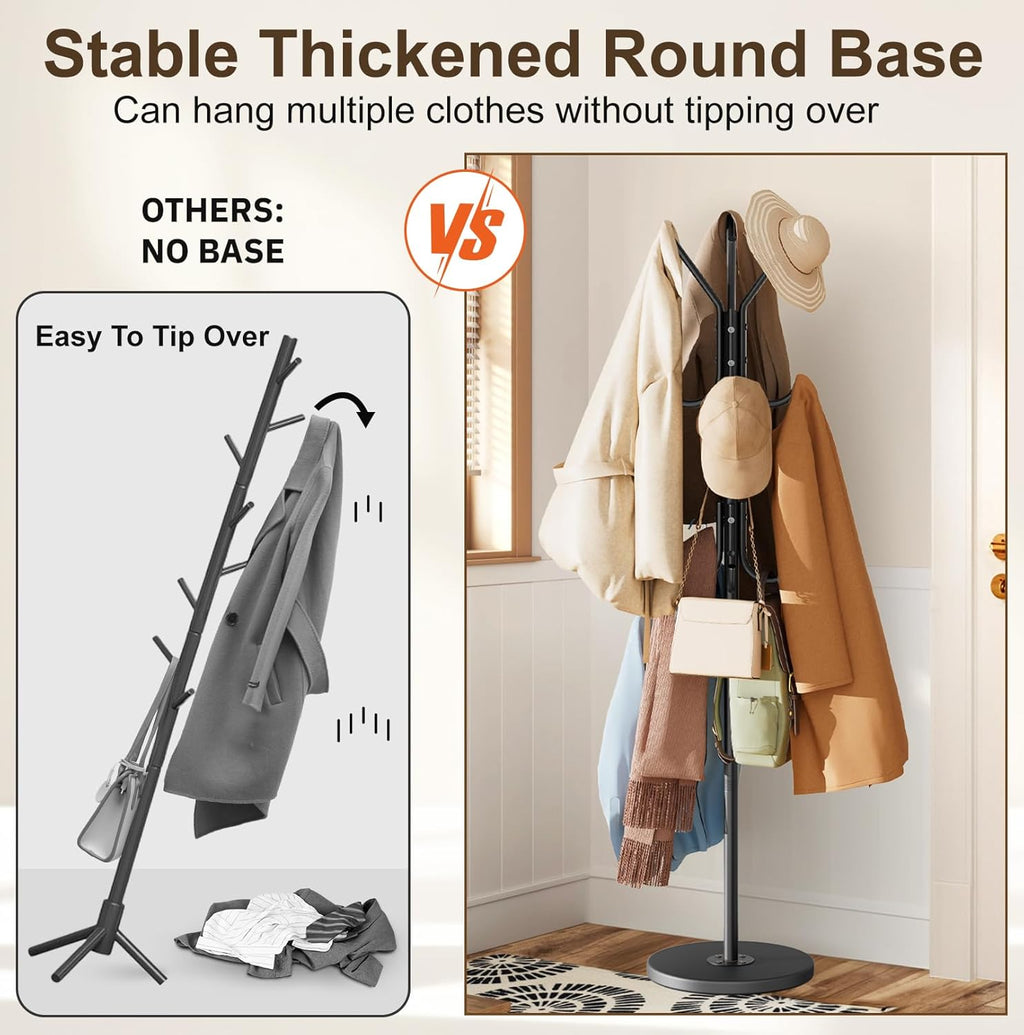 MISSLO Heavy Duty Coat Rack Freestanding with Stable Wood Base, Metal Coat Stands for Hallway & Small Space with 12 Hooks, Adjustable Clothes Hanger Stand Coat Tree for Jackets, Hats, Bags, Black