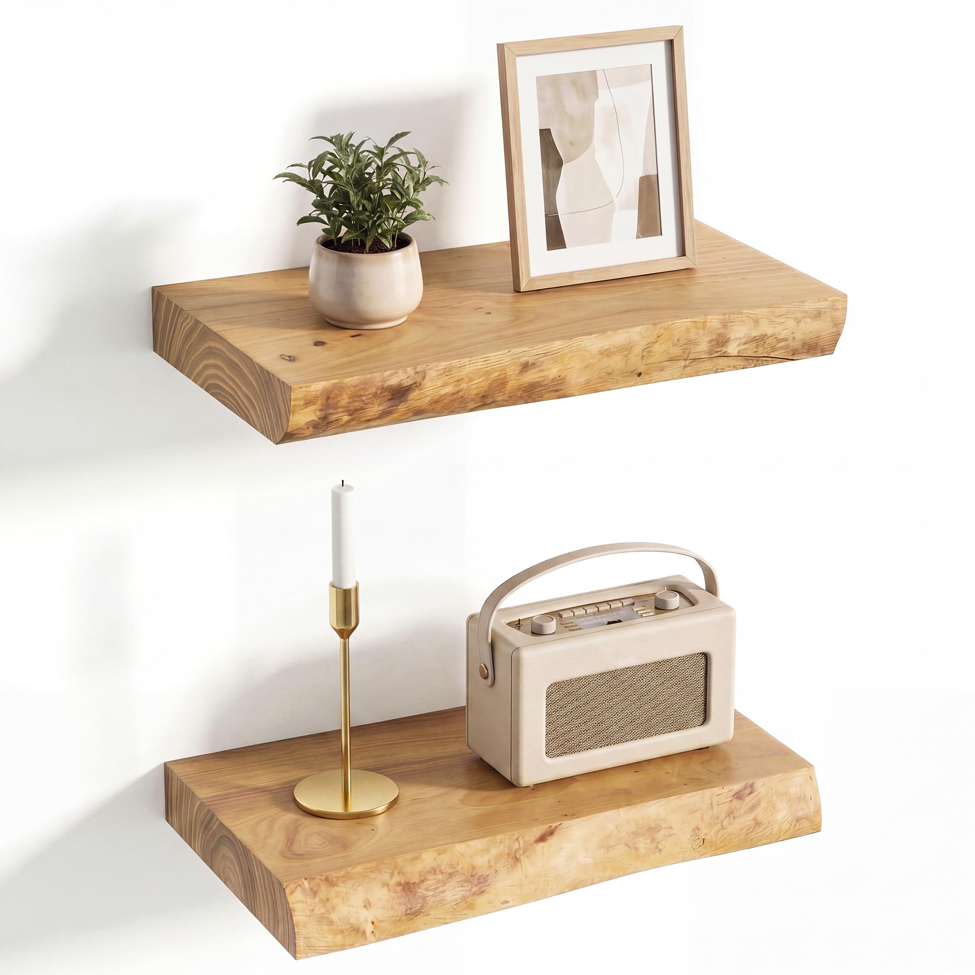 Live Edge Floating Shelves for Wall Decor, Solid Elm Wood Floating Shelves Wall Mounted, Rustic Wall Shelves with Invisible Bracket for Living Room Bathroom Bedroom Kitchen, 24 Inch Set of 2, Natural