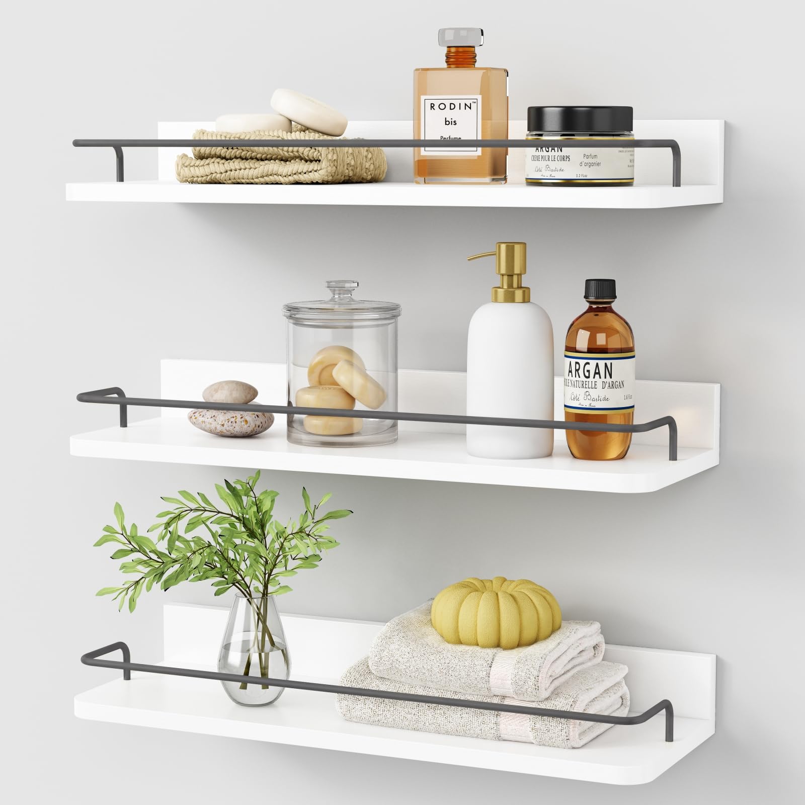 24 Inch White & Gold Floating Shelves, Set of 3 Wall Mount Shelves with Rail for Bathroom Bedroom Living Room