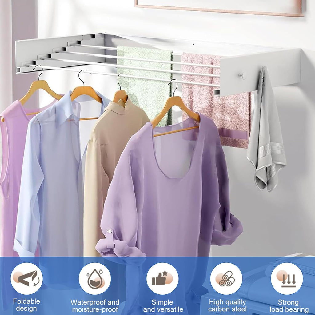 Wall Mounted Clothes Drying Rack,60cm Foldable Wall Mount Clothes Airer Heavy Duty Carbon Steel Wall Dryer with 4 Hooks 25Kg Load Capacity for Indoor and Outdoor (60cm(23.6in))