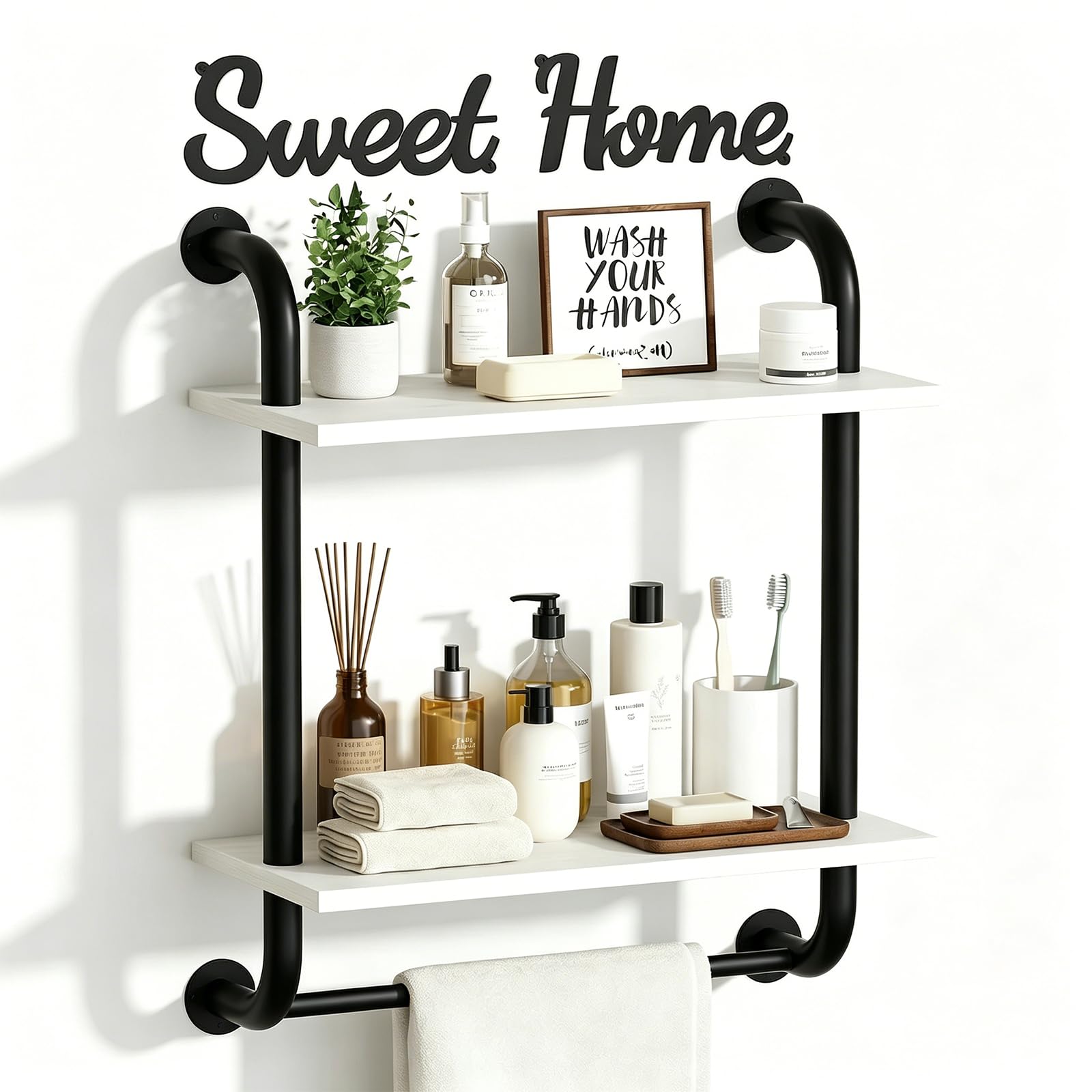 Tinpin Bathroom Shelves Wall Mounted, Rustic Farmhouse Pipe Shelves, 2-Tier, Industrial Shelving Over Toilet, Floating Shelf Decor for Bathroom, Kitchen, Bedroom, Living Room 17.3 inch
