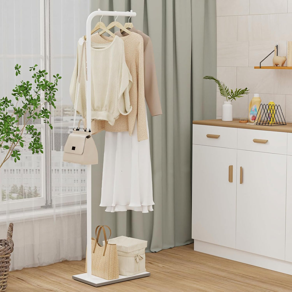 OUTBROS Coat Stand Metal - 180cm Coat Rack with 1 Hooks for Hanging Clothes, Hats and Bags, Clothes Rail for Entryway, Living Room, White