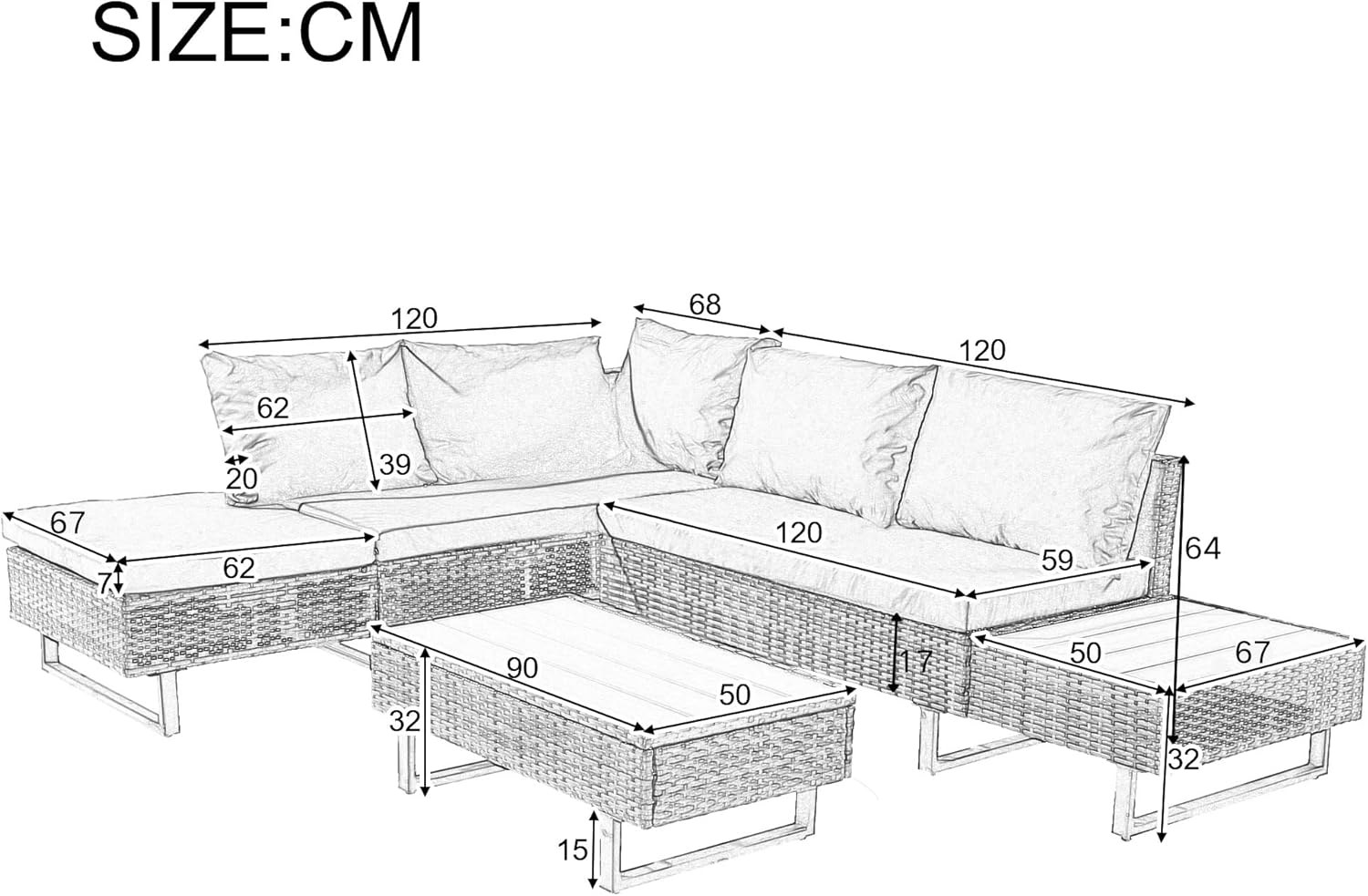 Mixed Khaki Rattan Corner Sofa Set,Industrial Style,with Coffee Table,Garden Furniture Set,Anti-UV Cushions Removable Covers,Khaki