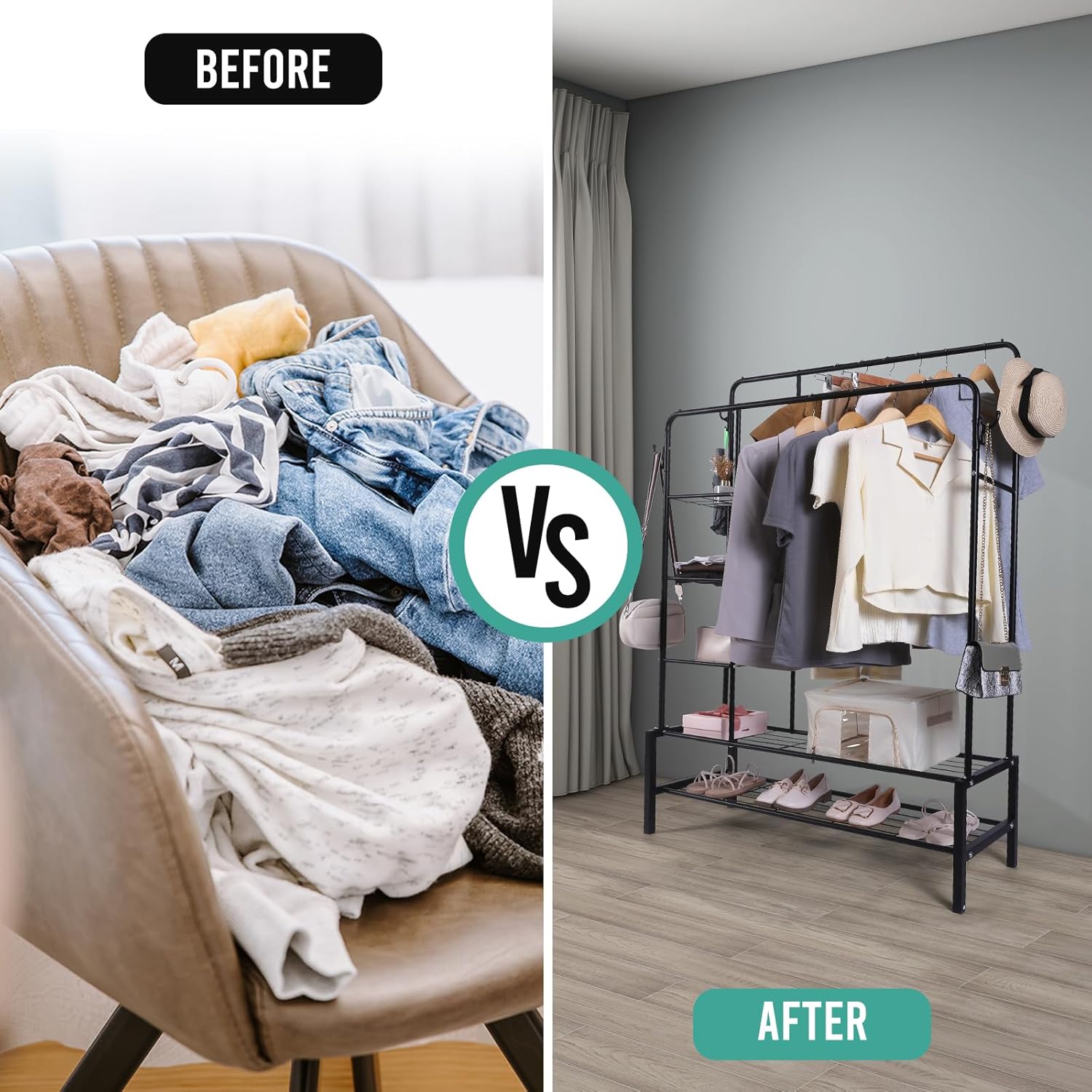 Klass Home Collection Heavy Duty Clothes Rail, 120KG Black Metal Rack With Double Hanging Clothing Rail, Shoe Rack, Storage Shelves & 4 Coat Hooks, Wardrobe Clothes Rails For Bedroom Office Shop
