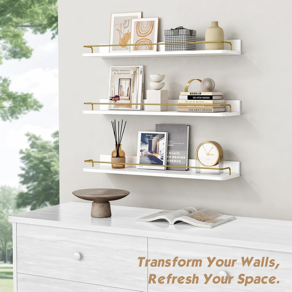 24 Inch White & Gold Floating Shelves, Set of 3 Wall Mount Shelves with Rail for Bathroom Bedroom Living Room
