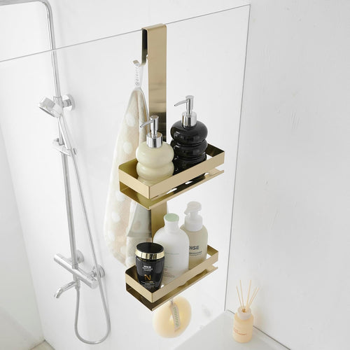 Beelee Gold Shower Caddy Hanging: Over Door Shower Organizer Bathroom Storage with 2-Tier Rack and Hooks, Holds Body Wash, Shampoo, Soap, Razor, Towel