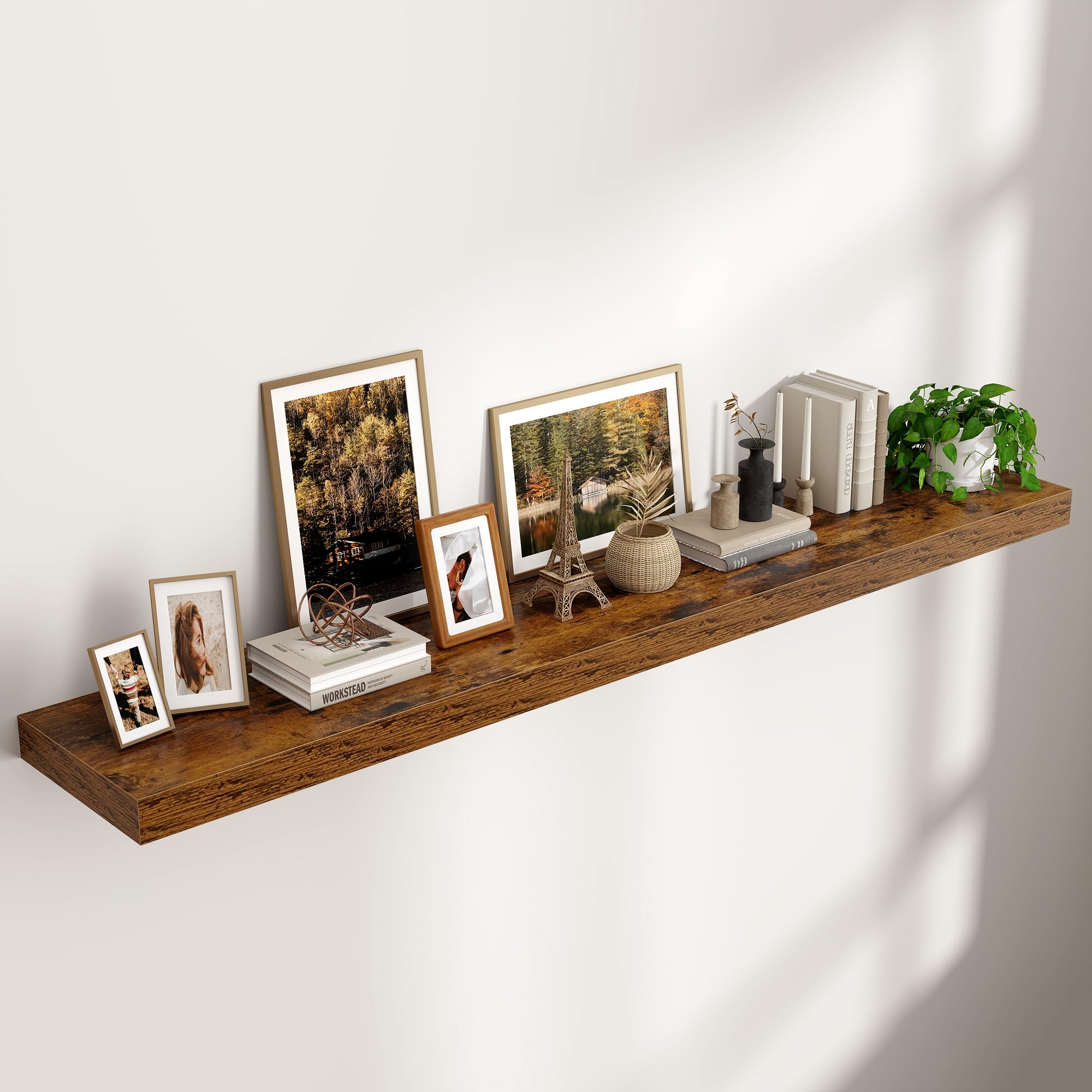 Venusmiles Floating Shelves for Wall 24 inch Long, Engineered Wood Wall Shelves with Invisible Brackets for Living Room Bedroom Bathroom Office Kitchen Decor and Storage, Oak Finish, Set of 2