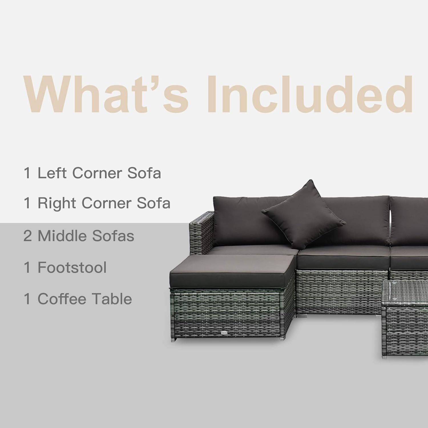 Outsunny 6 Pieces Rattan Garden Furniture Set, 5 Seater Sectional Garden Corner Sofa Set with Glass Top Coffee Table, Cushions and Pillows, All-Weather Wicker Conversation Furniture, Grey