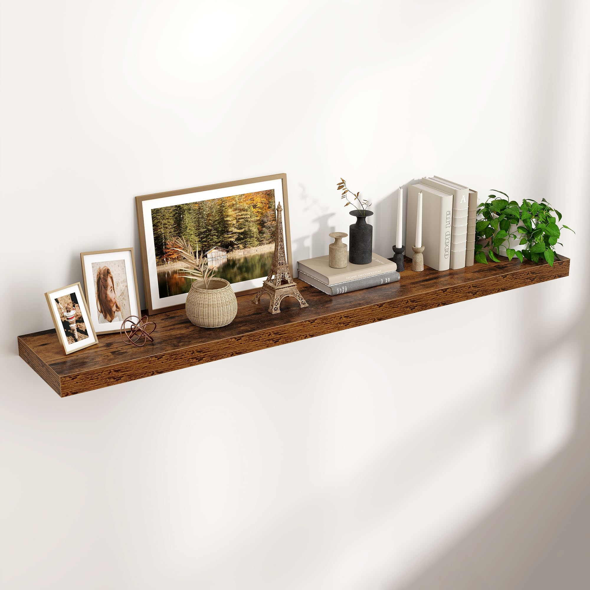 Venusmiles Floating Shelves for Wall 24 inch Long, Engineered Wood Wall Shelves with Invisible Brackets for Living Room Bedroom Bathroom Office Kitchen Decor and Storage, Oak Finish, Set of 2