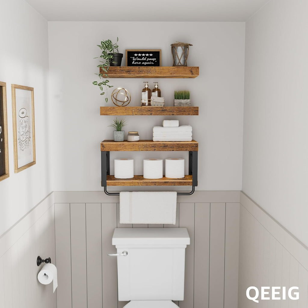 QEEIG Bathroom Shelves Over Toilet - Floating Shelf for Wall Toilet Paper Storage Farmhouse 16 inch Set of 3, Rustic Brown (029-40BN3)