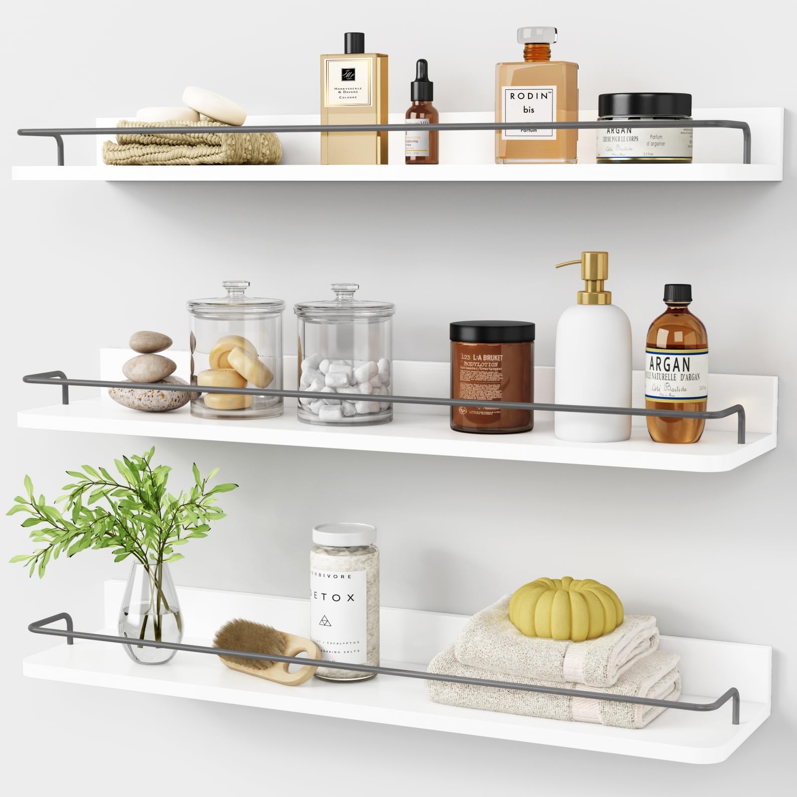 24 Inch White & Gold Floating Shelves, Set of 3 Wall Mount Shelves with Rail for Bathroom Bedroom Living Room