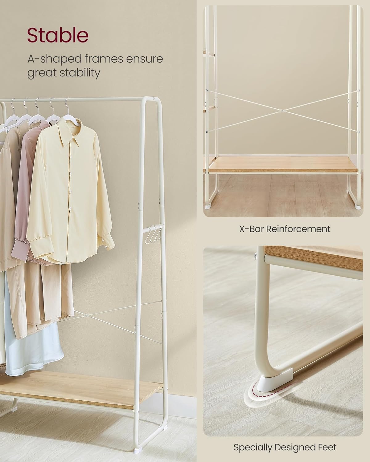VASAGLE Clothes Rail, Clothes Rack with Shoe Shelf, 5-Tier Storage Rack, 6 Side Hooks, for Bedroom, Living Room, Natural Oak and White RGR116W09