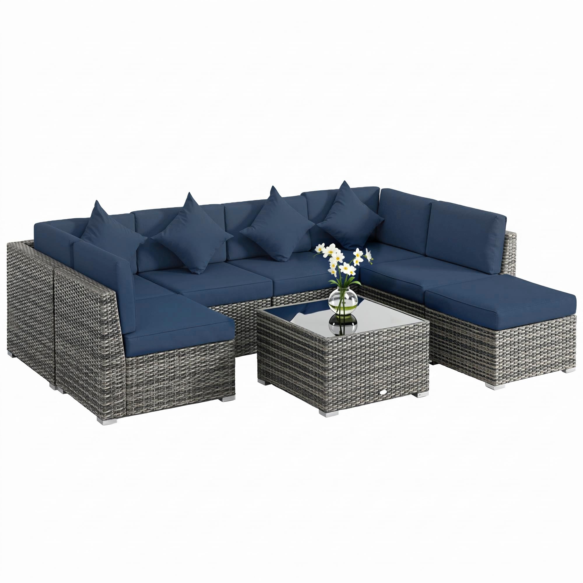 Outsunny 8 Pieces PE Rattan Corner Sofa Set, Outdoor Garden Furniture Set, Patio Wicker Sofa Seater w/Cushion, Washable Cushion Cover & Tempered Glass Table, Brown