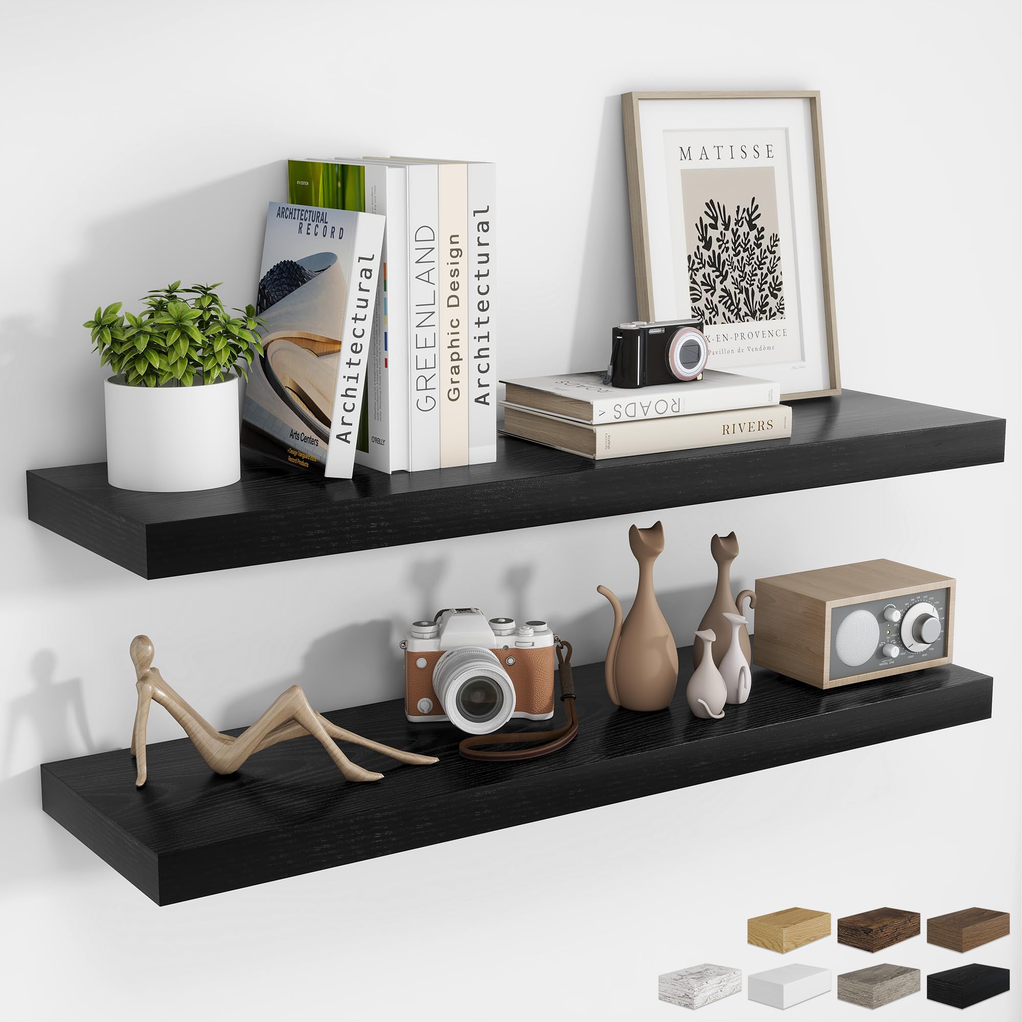 RICHFOCUS 24Inch Floating Shelves for Wall 2 Pack Shelves for Bedroom|Kitchen|Bathroom Wall Mounted Rustic Wood Floating Shelf with Invisible Brackets for Books|Storage|Decor, Oak