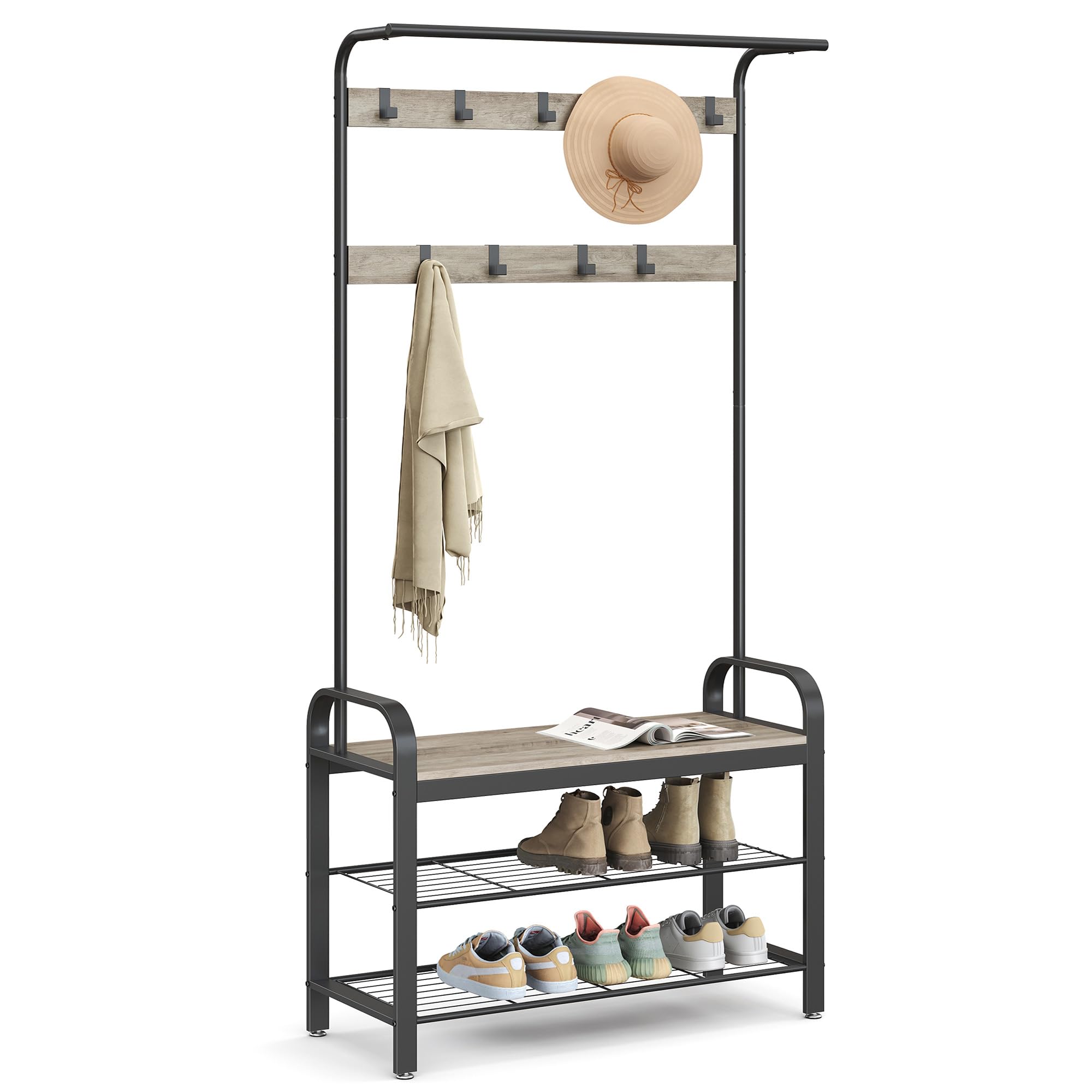 VASAGLE Coat Rack, Coat Stand with Shoe Storage Bench, 4-in-1 Design, with 9 Removable Hooks, a Clothes Rail, for Hallway, Entrance, 34 x 72 x 183 cm, Industrial, Camel Brown and Ink Black HSR040K02