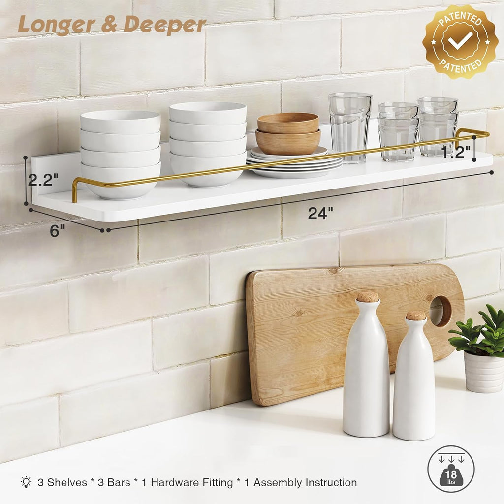 24 Inch White & Gold Floating Shelves, Set of 3 Wall Mount Shelves with Rail for Bathroom Bedroom Living Room