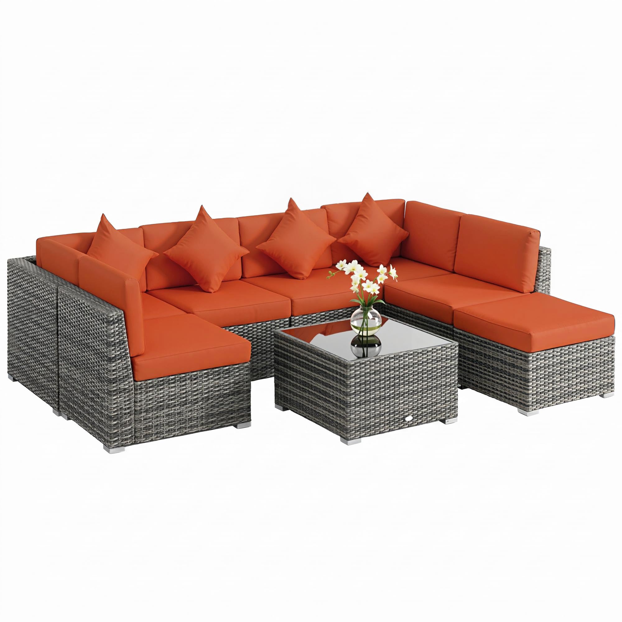 Outsunny 8 Pieces PE Rattan Corner Sofa Set, Outdoor Garden Furniture Set, Patio Wicker Sofa Seater w/Cushion, Washable Cushion Cover & Tempered Glass Table, Brown