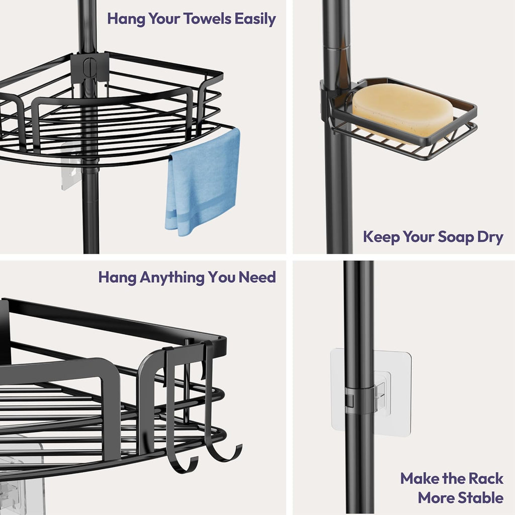 SWTYMIKI Telescopic Shower Caddy Corner - Rustproof Shower Corner Shelves with Towel Bar & Soap Holder, Adjustable No Drilling Tension Pole Shower Caddy for Bathroom With 4 Baskets, 27.6-108.3 inch