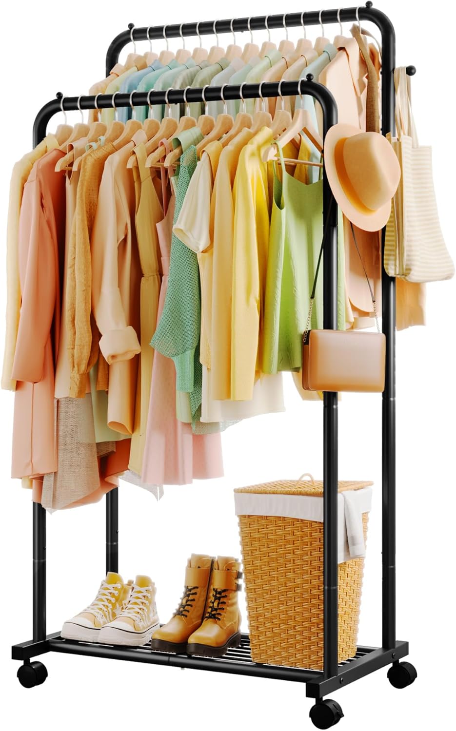 Sakugi Clothes Rail - Double-Rod Rustproof Clothes Rack with Anti-Slip Stoppers, Shoes Shelf and Hooks, Multifunctional Hanging Rack for Laundry, Entryway, Bedroom, Shop, 73 x 42 x 150 cm, Gold