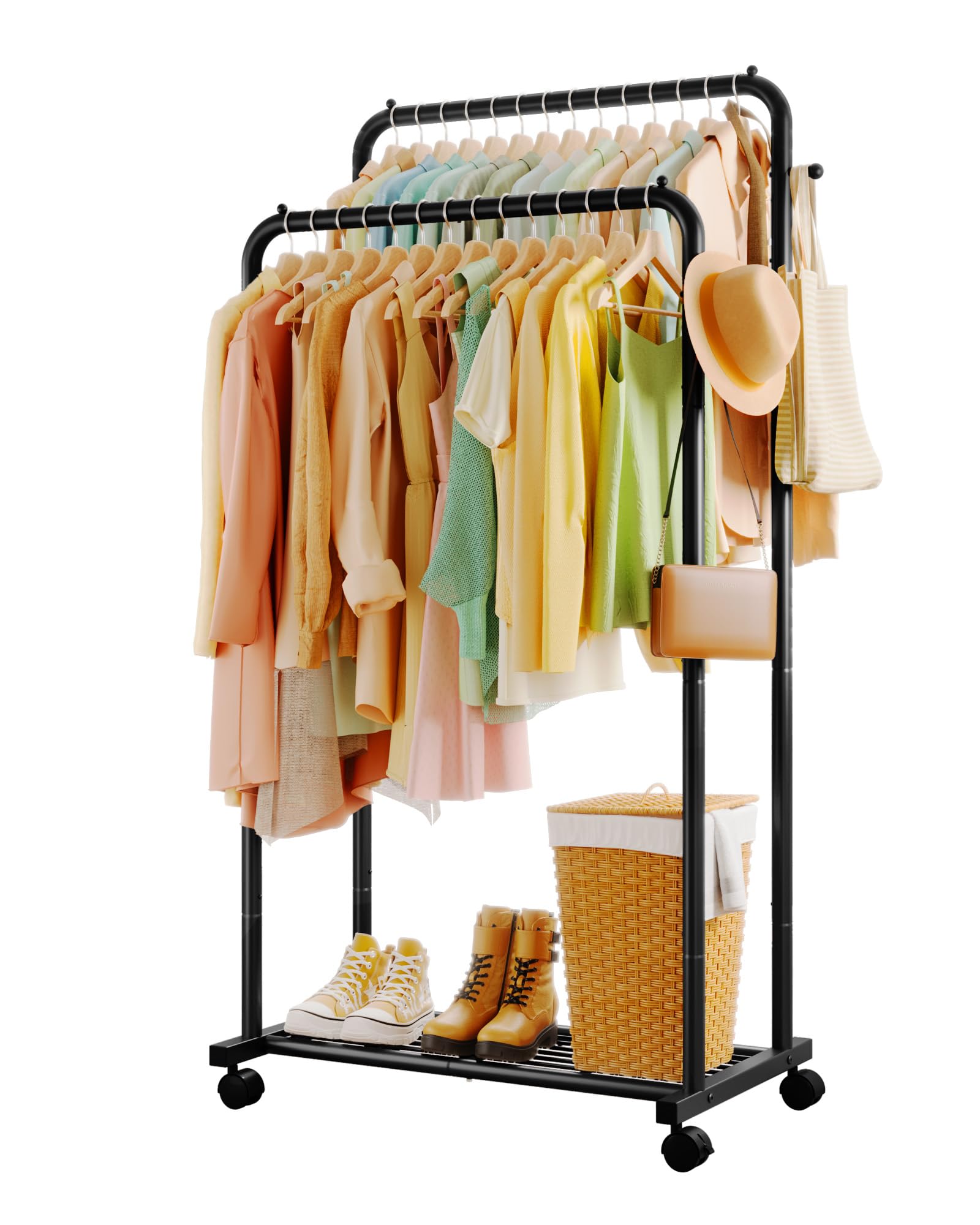 Sakugi Clothes Rail - Double-Rod Rustproof Clothes Rack with Anti-Slip Stoppers, Shoes Shelf and Hooks, Multifunctional Hanging Rack for Laundry, Entryway, Bedroom, Shop, 73 x 42 x 150 cm, Gold
