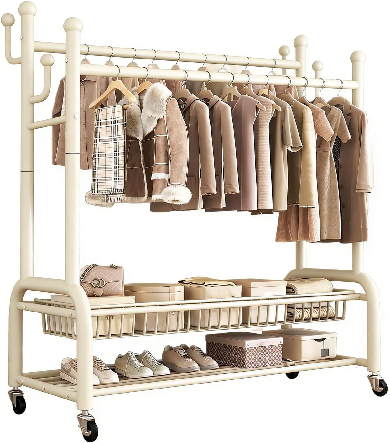 Heavy-Duty Clothes Rail for Bedroom, Double Wardrobe Rail with 4 Hooks, Lockable Metal Wheels, Shoe Rack & Detachable Storage Shelves, Clothing Rack for Laundry Shop Bedroom (White)