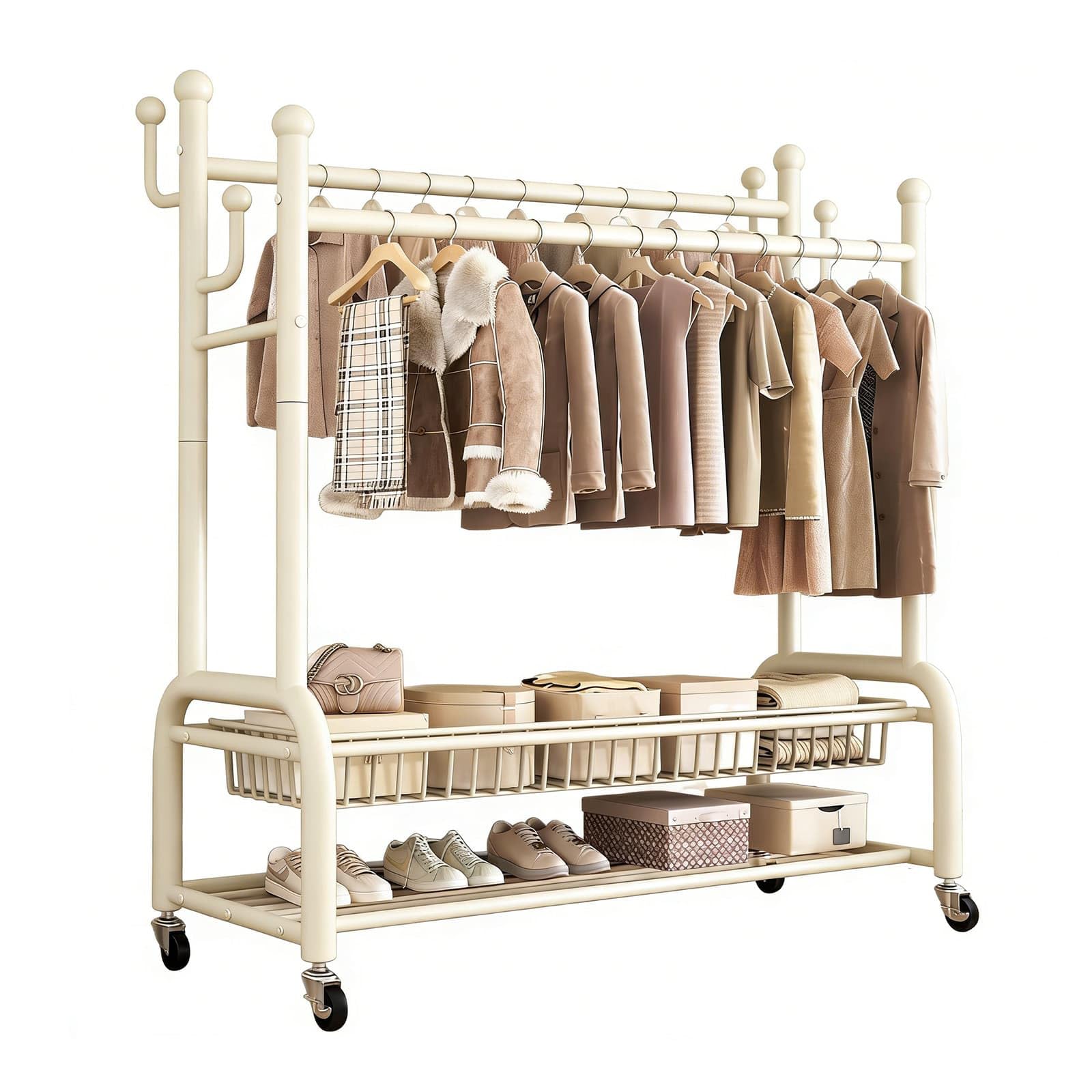 Heavy-Duty Clothes Rail for Bedroom, Double Wardrobe Rail with 4 Hooks, Lockable Metal Wheels, Shoe Rack & Detachable Storage Shelves, Clothing Rack for Laundry Shop Bedroom (White)