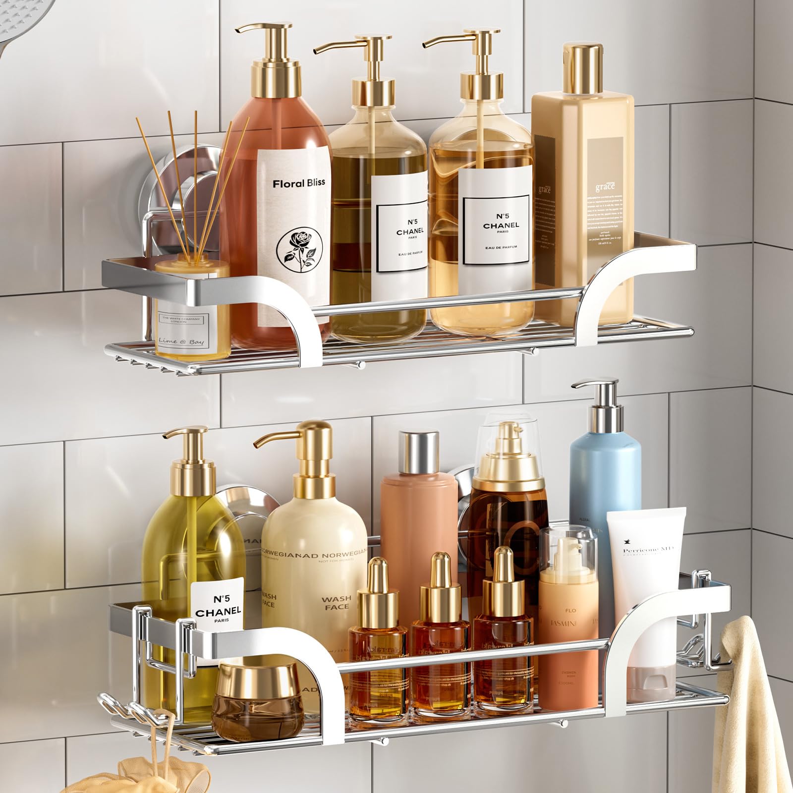 TAILI 2 Pack Rustproof Suction Shower Caddy, Stainless Steel Suction Cup Shower Caddy Bathroom Shelves No Drilling Heavy Duty Holder Removable Powerful Bathroom for Shampoo Toiletries Kitchen, Black