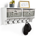 VonHaus Coat Hooks Wall Mounted - White Coat Rack Shelf w/ 2 Grey Wicker Storage Baskets & 5 Strong Double Clothes Hooks - Hallway Organiser w/Shelving for Hall & Entryway - for Scarves, Bags