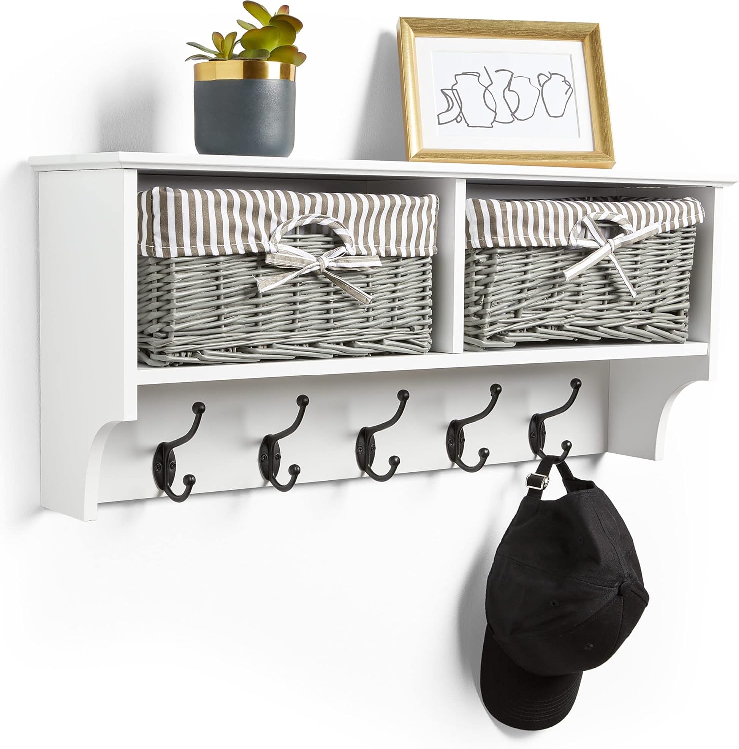 VonHaus Coat Hooks Wall Mounted - White Coat Rack Shelf w/ 2 Grey Wicker Storage Baskets & 5 Strong Double Clothes Hooks - Hallway Organiser w/Shelving for Hall & Entryway - for Scarves, Bags