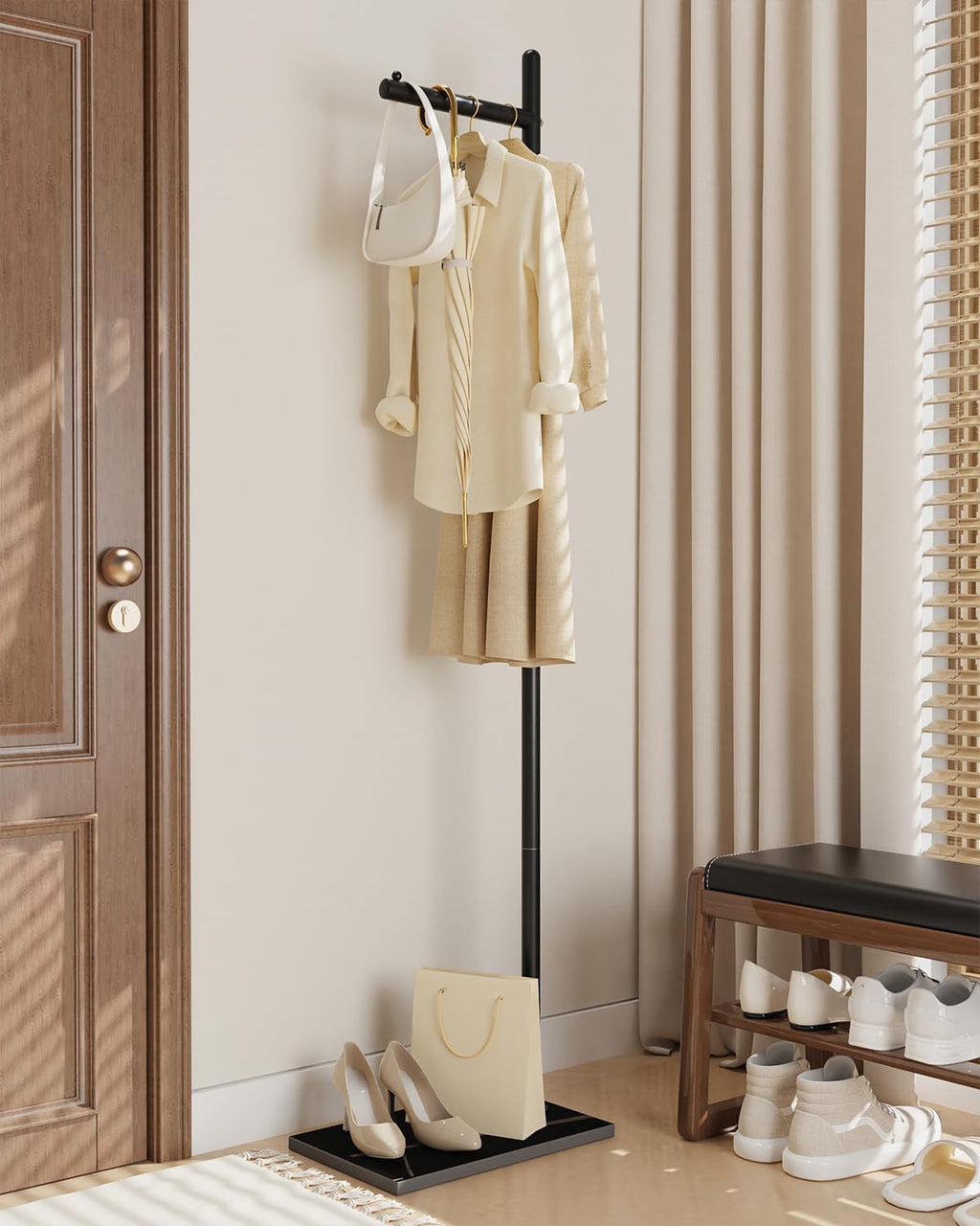 Yawinhe Coat Rack Metal,174 cm Heavy Duty Coat Tree, L- shape Modern Hall Tree Free Standing with Rock Plate Base, Hanger Stand Suitable for Placing bags, Coats and Hats,Black,SMJ101B