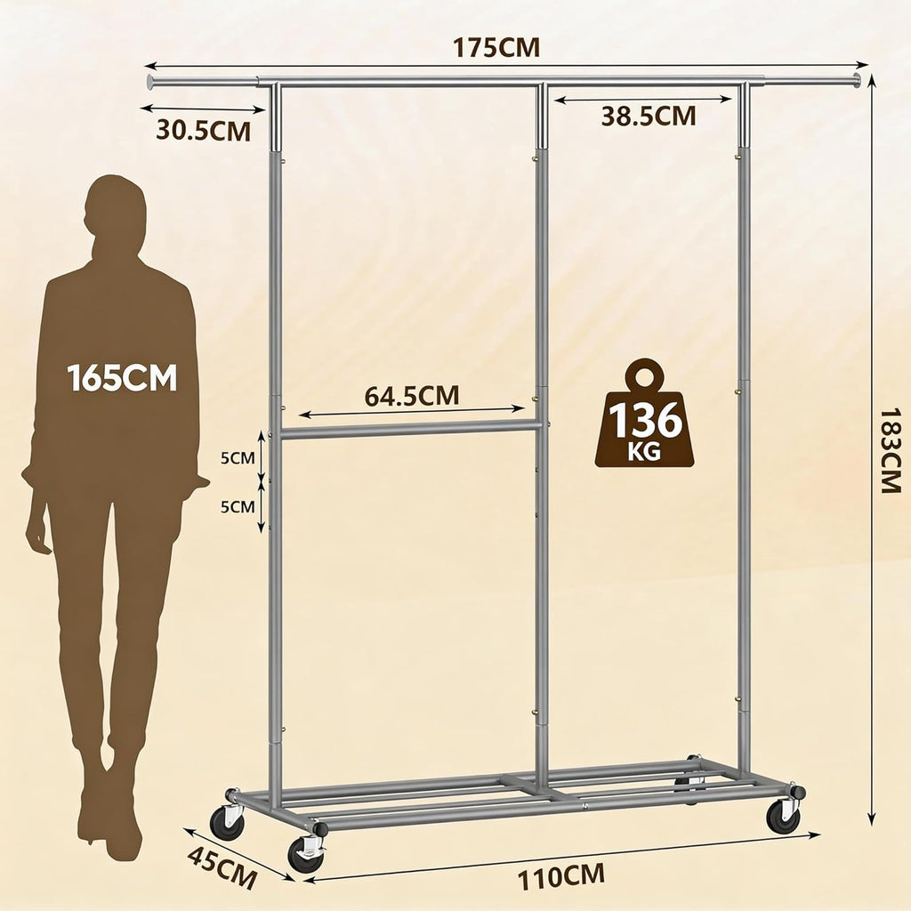 REIBII Double Rod Clothes Rail with Lockable Wheels & Adjustable Shelf – 136kg Heavy Duty Hanging Rack for Clothes– Telescopic Extends to 175cm – Space-Saving Storage for Bedroom, University Dorm
