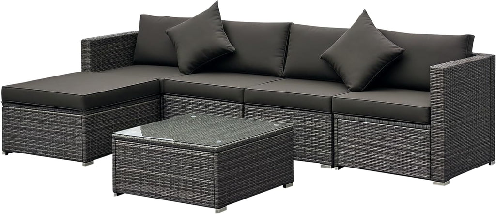 Outsunny 6 Pieces Rattan Garden Furniture Set, 5 Seater Sectional Garden Corner Sofa Set with Glass Top Coffee Table, Cushions and Pillows, All-Weather Wicker Conversation Furniture, Grey