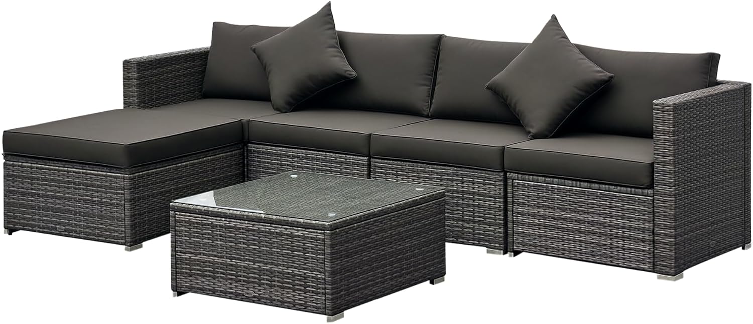 Outsunny 6 Pieces Rattan Garden Furniture Set, 5 Seater Sectional Garden Corner Sofa Set with Glass Top Coffee Table, Cushions and Pillows, All-Weather Wicker Conversation Furniture, Grey