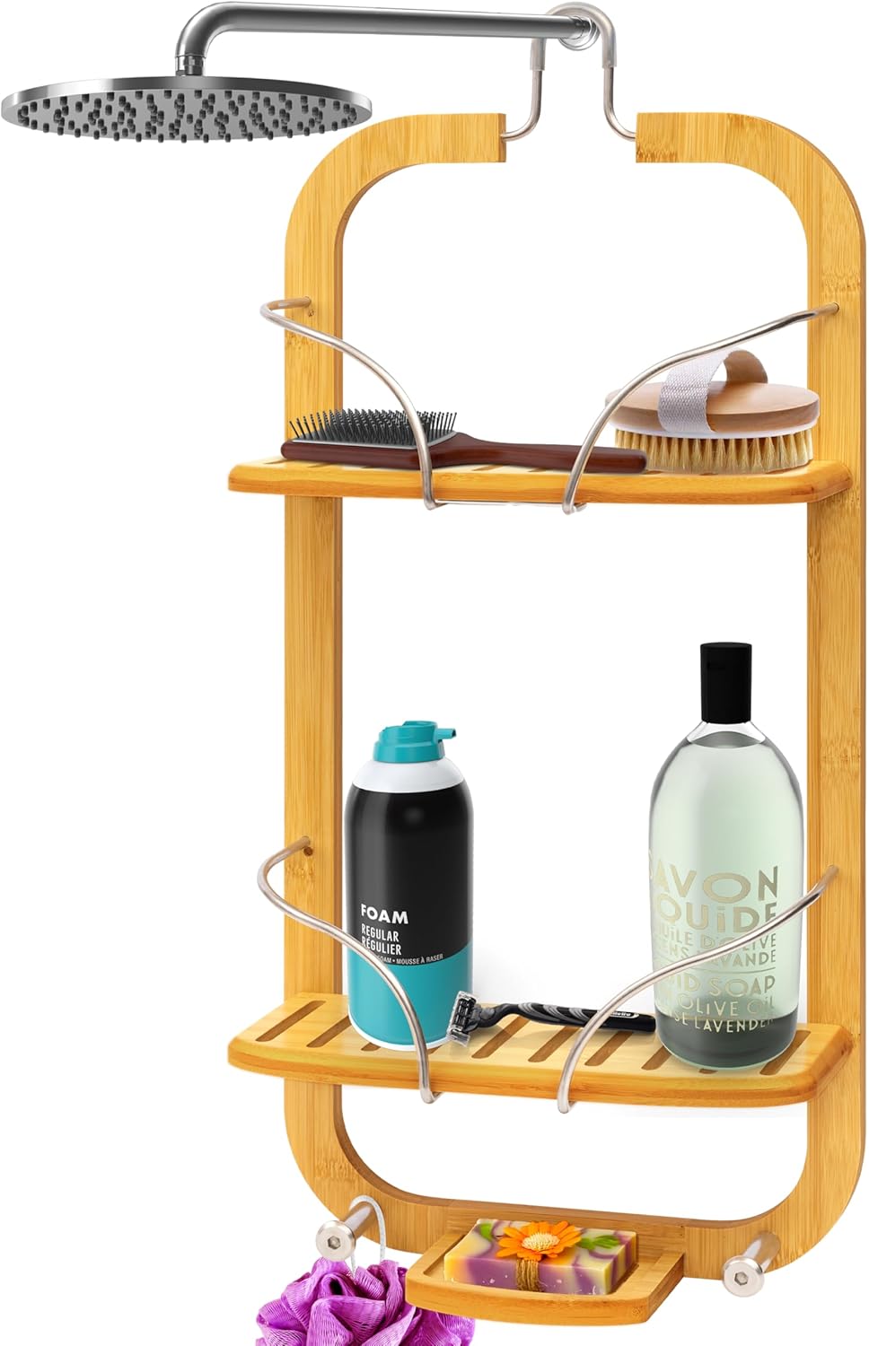 SereneLife Bamboo Hanging Shower Caddy with 3 Tiers, Anti-Slip Design, Bathroom Storage Organizer for Shampoo, Soaps, and Essentials - Space-Saving and Easy to Clean