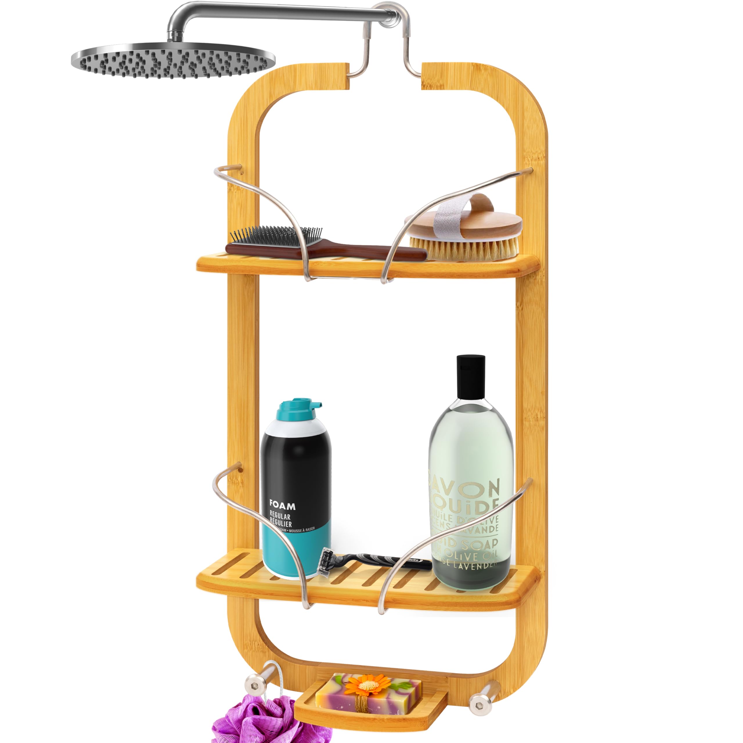 SereneLife Bamboo Hanging Shower Caddy with 3 Tiers, Anti-Slip Design, Bathroom Storage Organizer for Shampoo, Soaps, and Essentials - Space-Saving and Easy to Clean