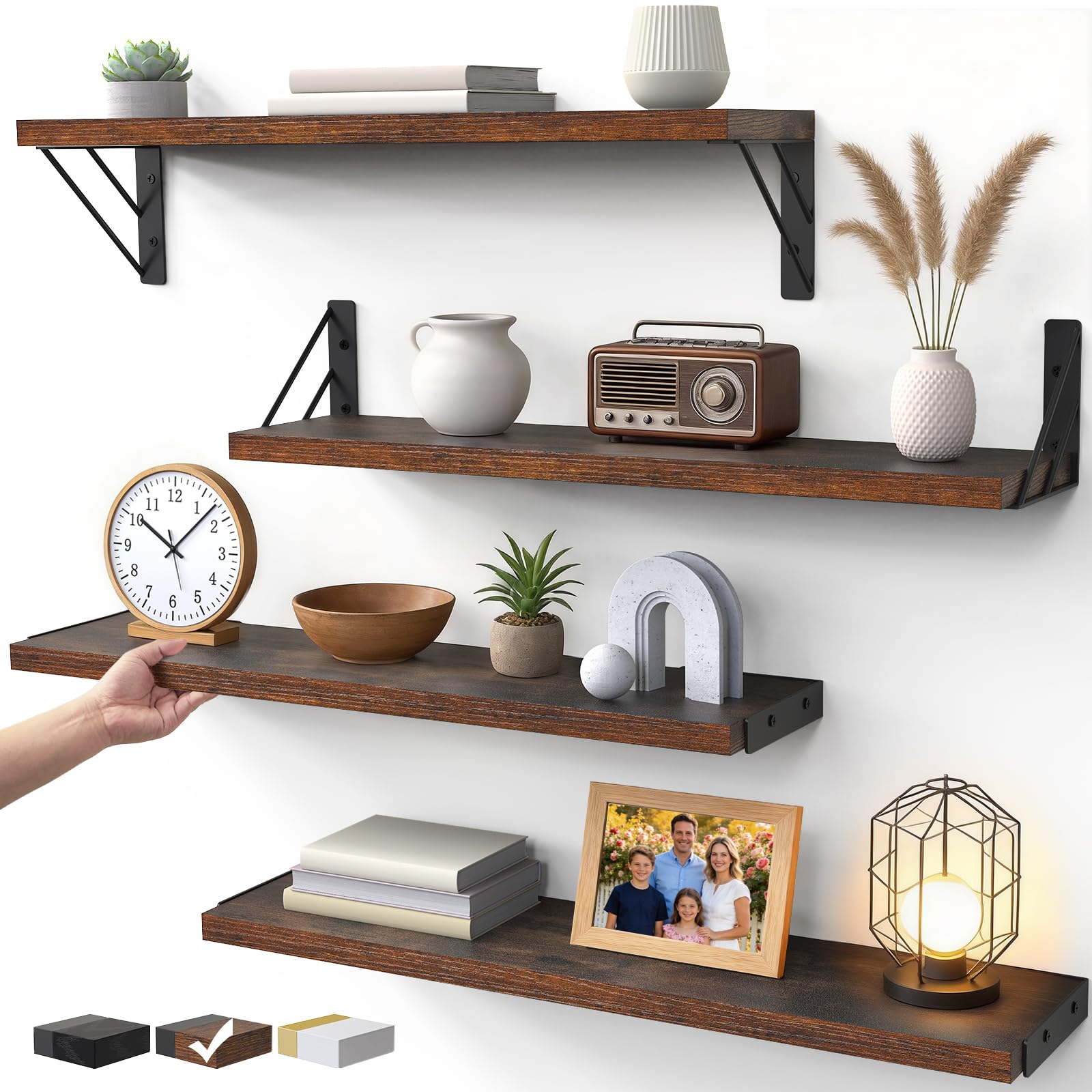 23in Rustic Brown Floating Shelves, Set of 4 Wall Mount Wood Shelves for Bedroom Bathroom Kitchen