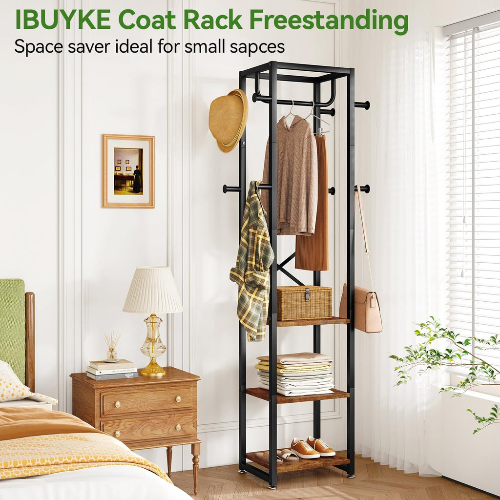 IBUYKE Coat Rack, Freestanding Coat Stand with 3 Shelves and 8 Hooks, Industrial Clothes Stand for Entryway, Hallway, Bedroom, 180 x 40 x 30 cm, Rustic Brown TMJ088H