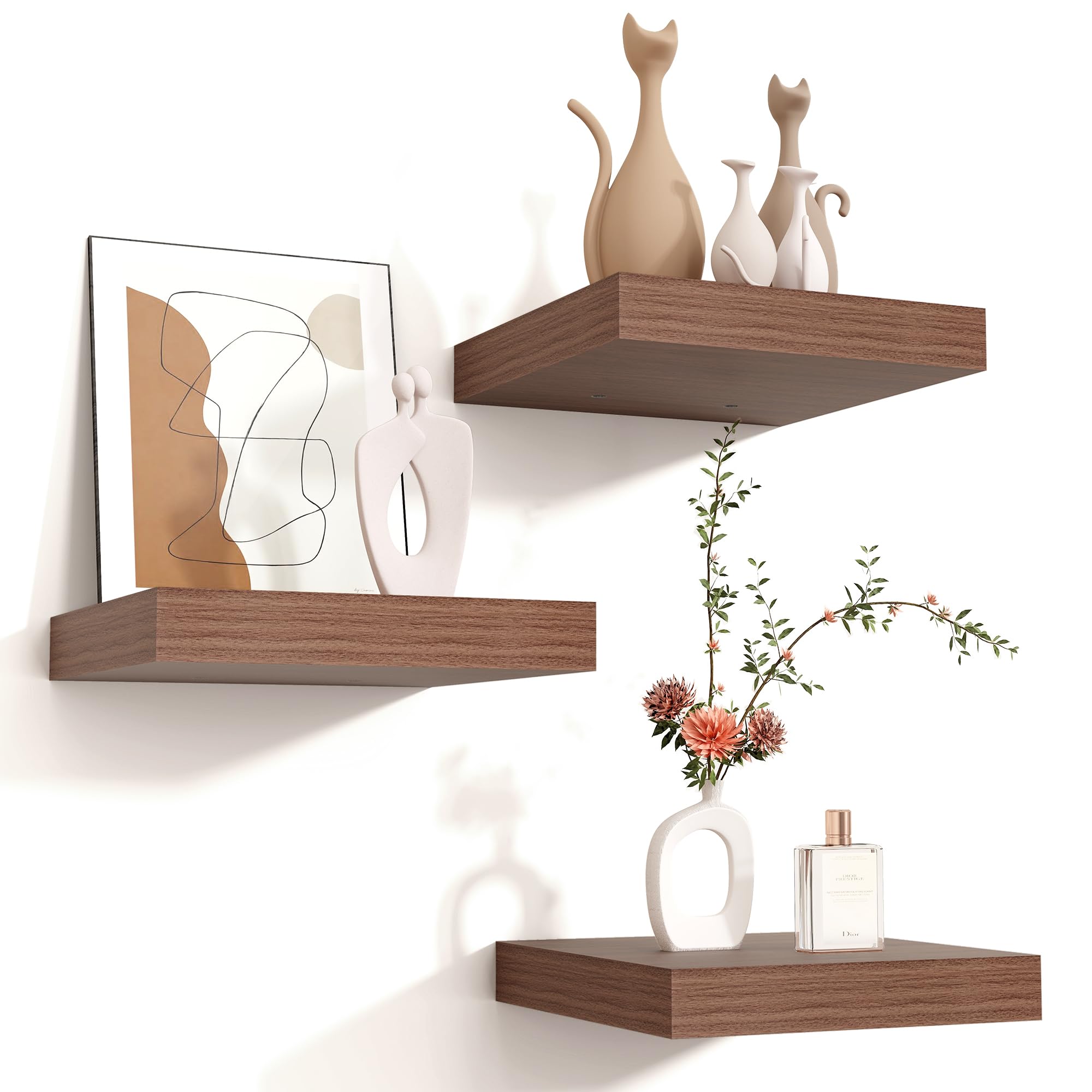 Venusmiles Floating Shelves for Wall 24 inch Long, Engineered Wood Wall Shelves with Invisible Brackets for Living Room Bedroom Bathroom Office Kitchen Decor and Storage, Oak Finish, Set of 2