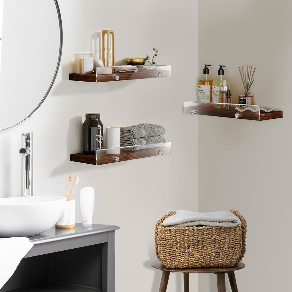 Wood Floating Shelves with Acrylic Front Lip, Rustic Shelf 15.7 inch, Floating Shelf for Wall Mounted Set of 3, Wide Wooden Wall Shelves for Living Room Bedroom Kitchen Bathroom, Brown, 15.7W x 5.8D