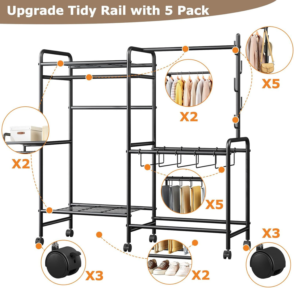 Heavy Duty Clothes Rail with Wheels, 125KG Metal Clothing Rack with Trouser Rack, Top Shelf, 4 Hooks & 5 Trouser Hangers, Sturdy Wardrobe Clothes Rail for Bedroom Hallway Shop, Black
