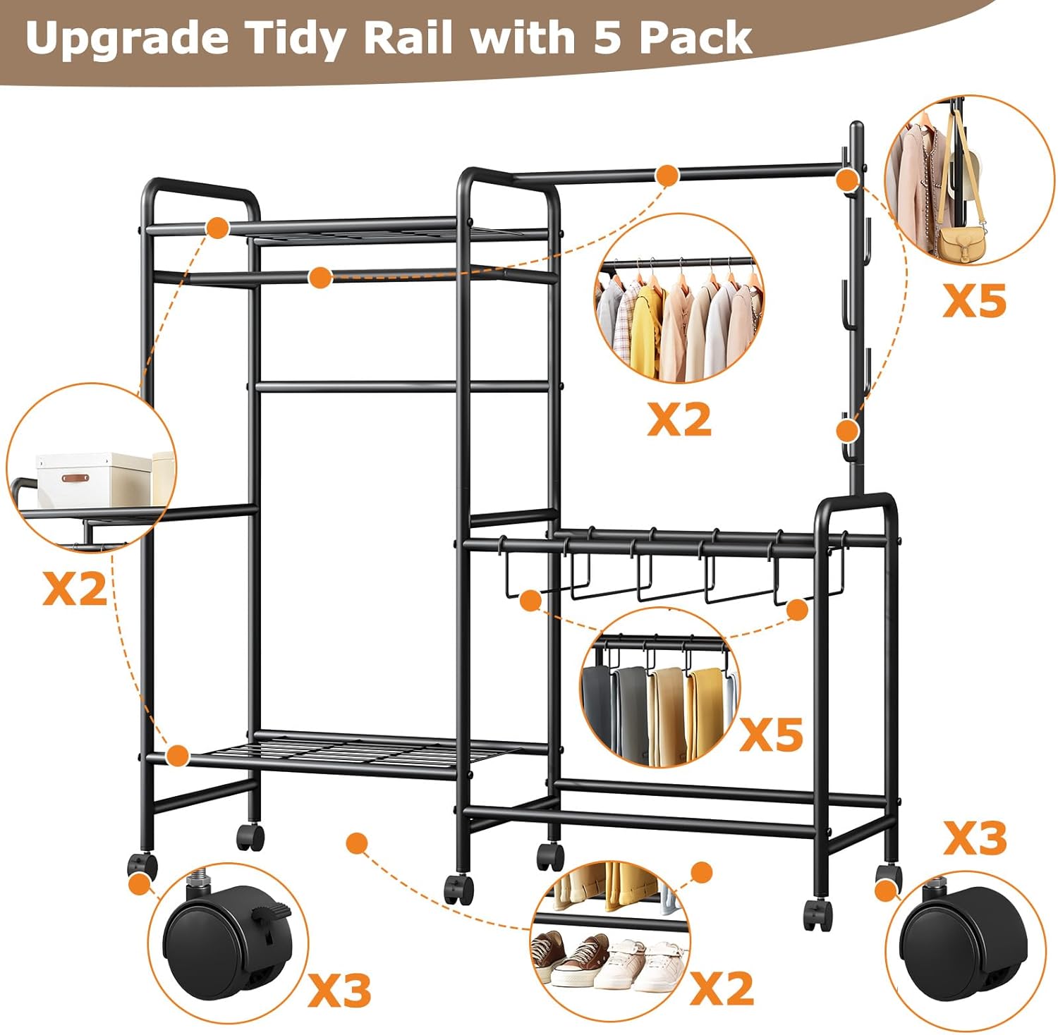 Heavy Duty Clothes Rail with Wheels, 125KG Metal Clothing Rack with Trouser Rack, Top Shelf, 4 Hooks & 5 Trouser Hangers, Sturdy Wardrobe Clothes Rail for Bedroom Hallway Shop, Black
