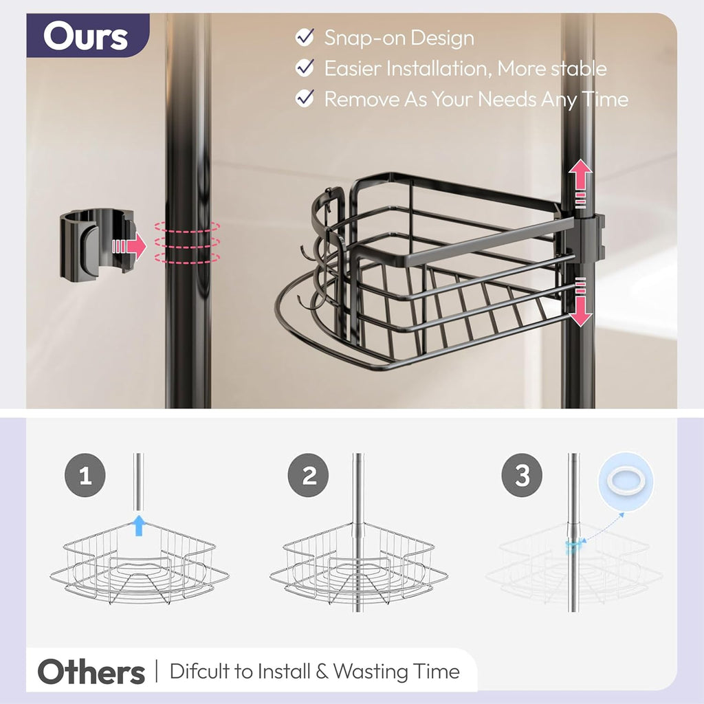 SWTYMIKI Telescopic Shower Caddy Corner - Rustproof Shower Corner Shelves with Towel Bar & Soap Holder, Adjustable No Drilling Tension Pole Shower Caddy for Bathroom With 4 Baskets, 27.6-108.3 inch
