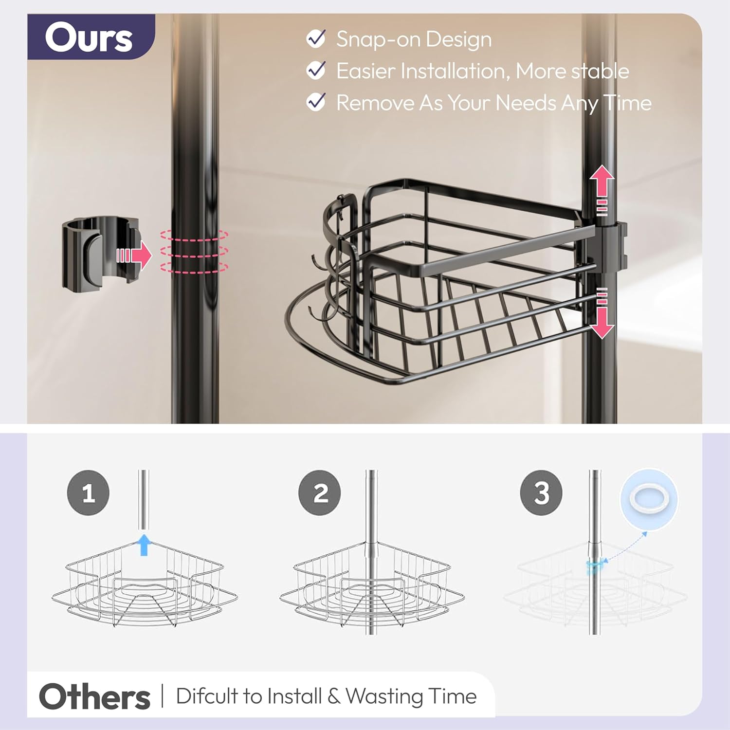 SWTYMIKI Telescopic Shower Caddy Corner - Rustproof Shower Corner Shelves with Towel Bar & Soap Holder, Adjustable No Drilling Tension Pole Shower Caddy for Bathroom With 4 Baskets, 27.6-108.3 inch
