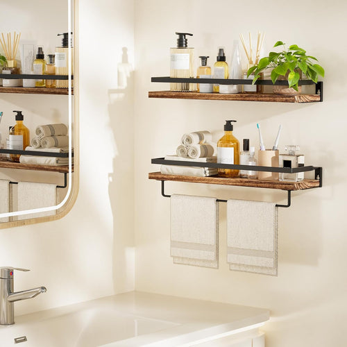 AMADA HOMEFURNISHING Bathroom Shelves with Towel Bar, Floating Shelves, Wall Shelves for Bathroom/Living Room/Kitchen/Bedroom, Rustic Brown, Set of 2 - AMFS01BN