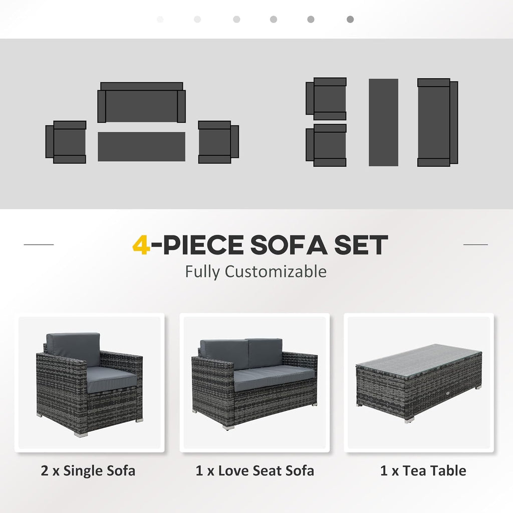 Outsunny 4 Pieces Outdoor PE Rattan Sofa Set with Cushions, Patio Wicker Conversation Furniture Set with Glass Top Coffee Table, Mixed Grey